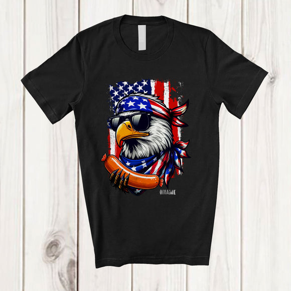 MacnyStore - Personalized American Bald Eagle Eating Sausage; Humorous 4th of July Custom Name Patriotic T-Shirt