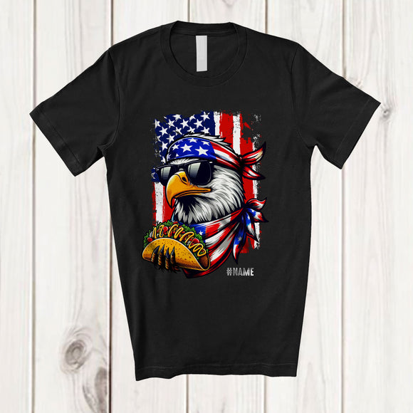MacnyStore - Personalized American Bald Eagle Eating Taco; Humorous 4th of July Custom Name Patriotic T-Shirt