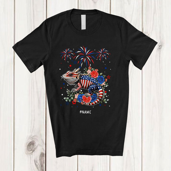 MacnyStore - Personalized American Flag Bearded Dragon Flowers; Lovely 4th Of July Custom Name Patriotic T-Shirt