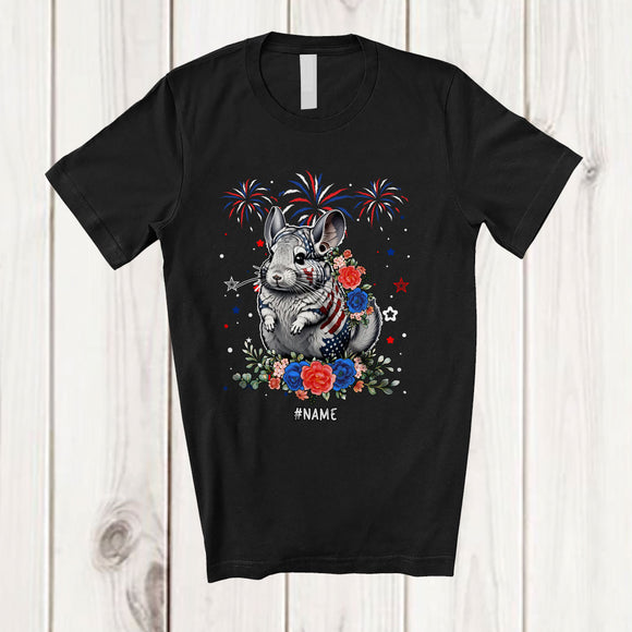 MacnyStore - Personalized American Flag Chinchilla Flowers; Lovely 4th Of July Animal; Custom Name Patriotic T-Shirt
