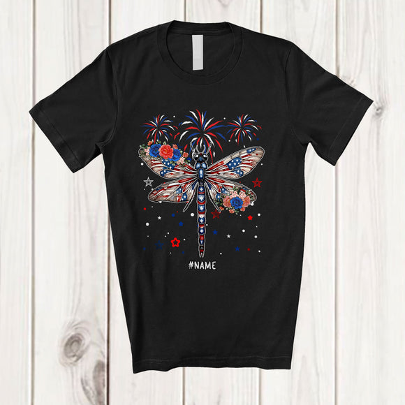 MacnyStore - Personalized American Flag Dragonfly Flowers; Lovely 4th Of July Insect; Custom Name Patriotic T-Shirt