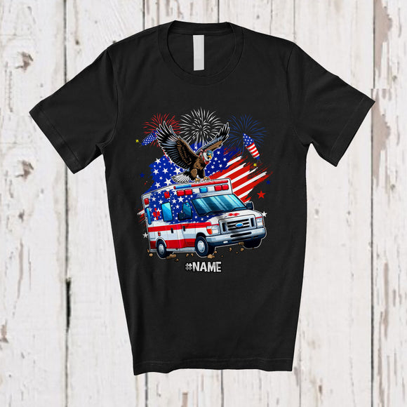MacnyStore - Personalized American Flag Eagle On Ambulance; Proud 4th Of July Custom Name Patriotic Driver T-Shirt