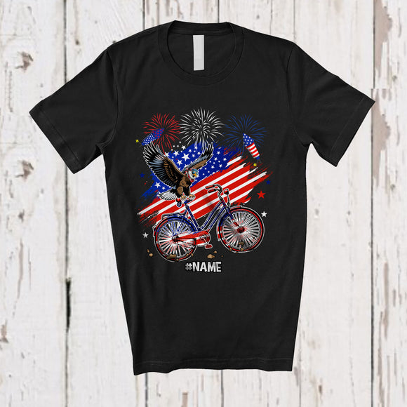 MacnyStore - Personalized American Flag Eagle On Bicycle; Proud 4th Of July Custom Name Patriotic Family T-Shirt