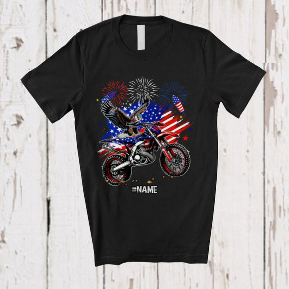 MacnyStore - Personalized American Flag Eagle On Dirt Bike; Proud 4th Of July Custom Name Patriotic Biker T-Shirt