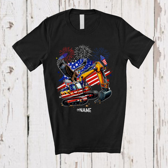 MacnyStore - Personalized American Flag Eagle On Excavator; Proud 4th Of July Custom Name Patriotic Driver T-Shirt