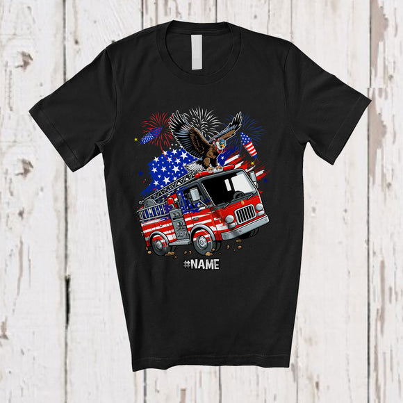 MacnyStore - Personalized American Flag Eagle On Fire Truck; Proud 4th Of July Custom Name Patriotic Driver T-Shirt