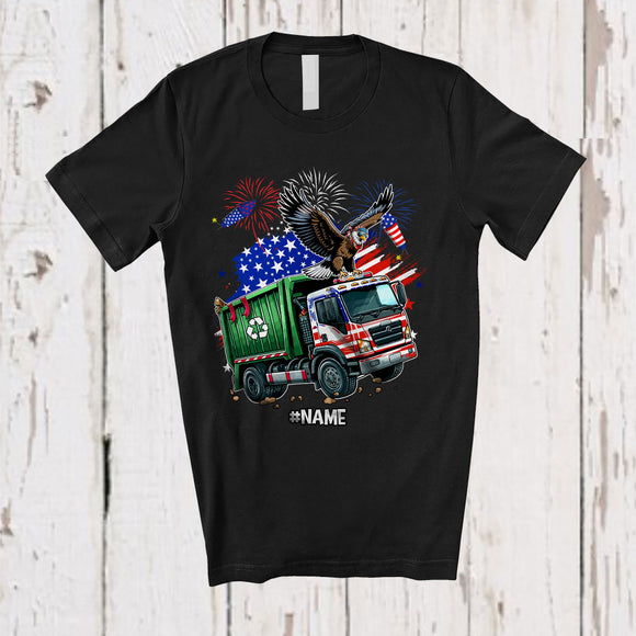 MacnyStore - Personalized American Flag Eagle On Garbage Truck; Proud 4th Of July Custom Name Patriotic Driver T-Shirt