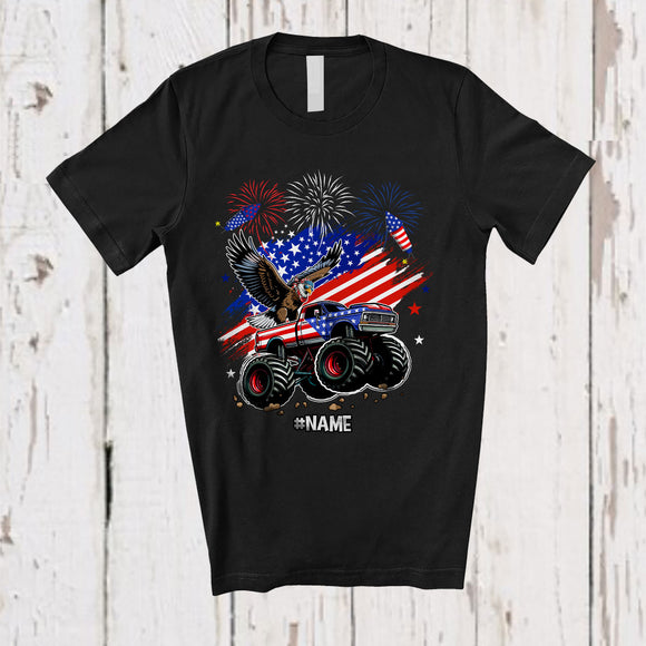 MacnyStore - Personalized American Flag Eagle On Monster Truck; Proud 4th Of July Custom Name Patriotic Driver T-Shirt
