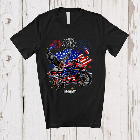 MacnyStore - Personalized American Flag Eagle On Motorbike; Proud 4th Of July Custom Name Patriotic Biker T-Shirt