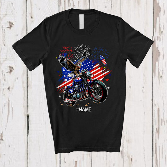MacnyStore - Personalized American Flag Eagle On Motorcycle; Proud 4th Of July Custom Name Patriotic Biker T-Shirt