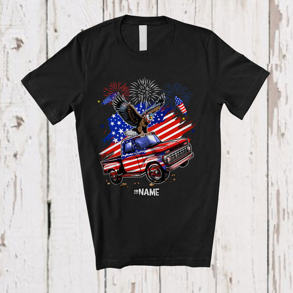 MacnyStore - Personalized American Flag Eagle On Pickup Truck; Proud 4th Of July Custom Name Patriotic Driver T-Shirt