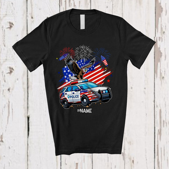 MacnyStore - Personalized American Flag Eagle On Police Car; Proud 4th Of July Custom Name Patriotic Driver T-Shirt