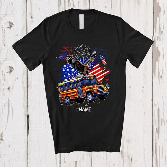 MacnyStore - Personalized American Flag Eagle On School Bus; Proud 4th Of July Custom Name Patriotic Driver T-Shirt