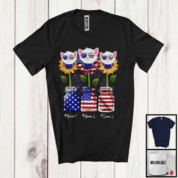MacnyStore - Personalized American Flag Sunflowers, Amazing 4th Of July Cat, Custom Name Patriotic T-Shirt