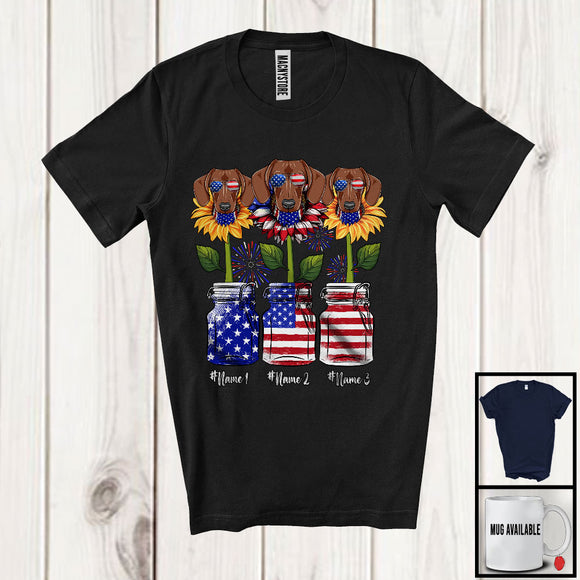 MacnyStore - Personalized American Flag Sunflowers, Amazing 4th Of July Dachshund, Custom Name Patriotic T-Shirt