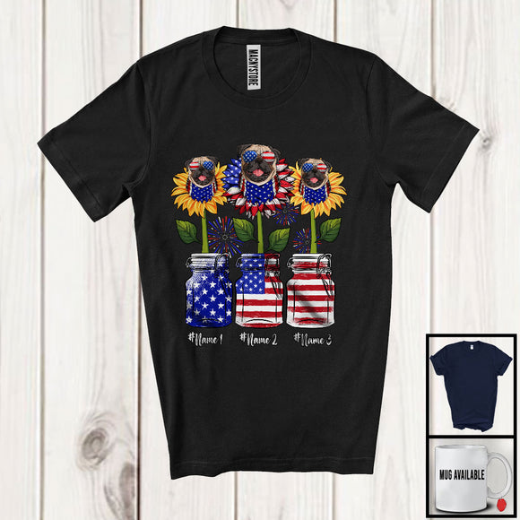 MacnyStore - Personalized American Flag Sunflowers, Amazing 4th Of July Pug, Custom Name Patriotic T-Shirt