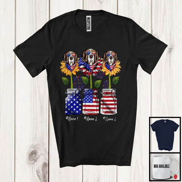 MacnyStore - Personalized American Flag Sunflowers, Amazing 4th Of July St. Bernard, Custom Name Patriotic T-Shirt