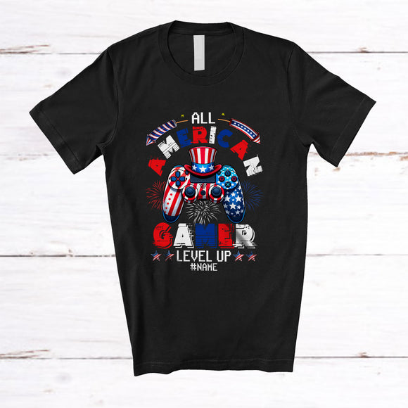 MacnyStore - Personalized American Gamer Level Up; Joyful 4th Of July Game Controller; Custom Name Patriotic T-Shirt