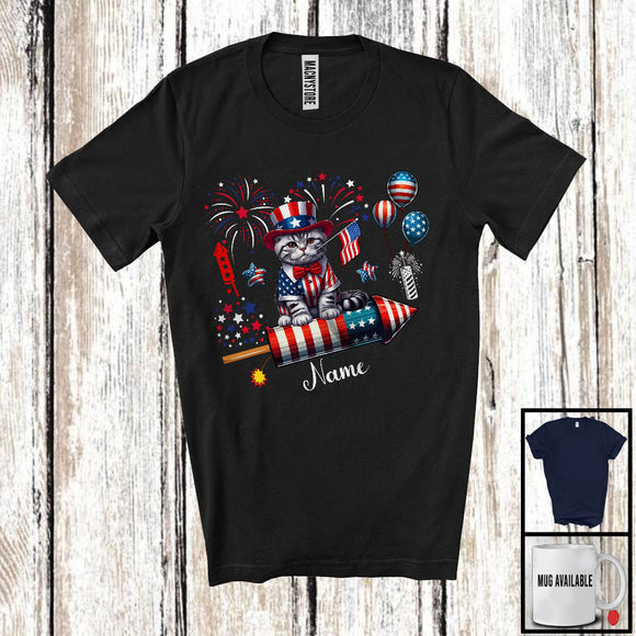 MacnyStore - Personalized American Shorthair Riding Firecracker, Lovely 4th Of July USA Flag Custom Name, Kitten Owner T-Shirt