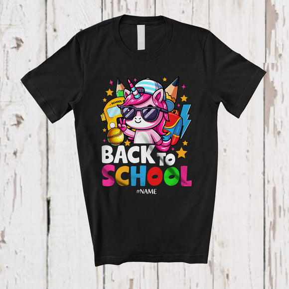 MacnyStore - Personalized Back To School; Humorous First Day Of School Unicorn Softball Custom Name Player T-Shirt