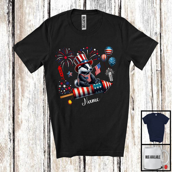 MacnyStore - Personalized Badger Riding Firecracker, Lovely 4th Of July USA Flag Custom Name, Zoo Animal T-Shirt