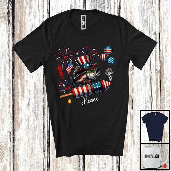 MacnyStore - Personalized Bass Fish Riding Firecracker, Lovely 4th Of July USA Flag Custom Name, Fish Sea Animal T-Shirt
