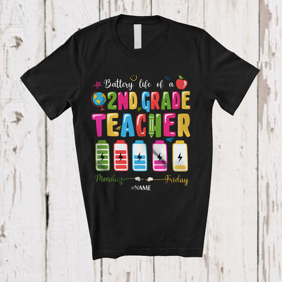 MacnyStore - Personalized Battery Life Of A 2nd Grade Teacher; Joyful Back To School Custom Name Tired Teacher T-Shirt