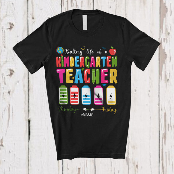 MacnyStore - Personalized Battery Life Of A Kindergarten Teacher; Joyful Back To School Custom Name Tired Teacher T-Shirt
