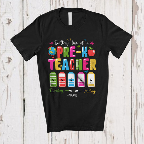 MacnyStore - Personalized Battery Life Of A Pre-K Teacher; Joyful Back To School Custom Name Tired Teacher T-Shirt