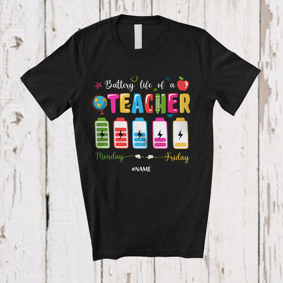 MacnyStore - Personalized Battery Life Of A Teacher; Joyful Back To School Custom Name Tired Teacher T-Shirt