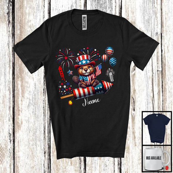 MacnyStore - Personalized Beaver Riding Firecracker, Lovely 4th Of July USA Flag Custom Name, Zoo Animal T-Shirt