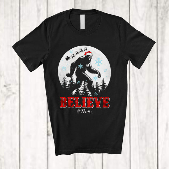 MacnyStore - Personalized Believe; Amusing Christmas Custom Name Santa Bigfoot Forest; X-mas Moon T-Shirt