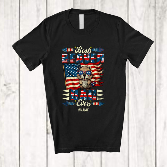 MacnyStore - Personalized Best Beaver Dad Ever; Happy 4th Of July US Flag; Custom Name Patriotic Family T-Shirt
