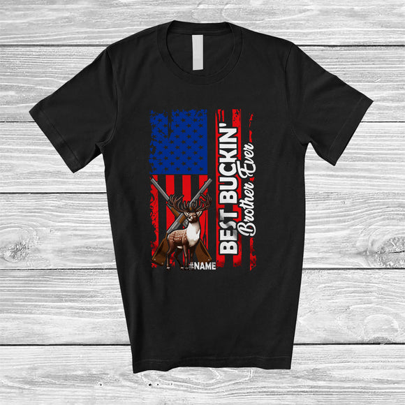 MacnyStore - Personalized Best Buckin' Brother Ever; Amazing Father's Day US Flag; Custom Name Deer Hunting T-Shirt