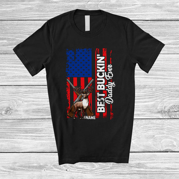MacnyStore - Personalized Best Buckin' Daddy Ever; Amazing Father's Day US Flag; Custom Name Deer Hunting T-Shirt