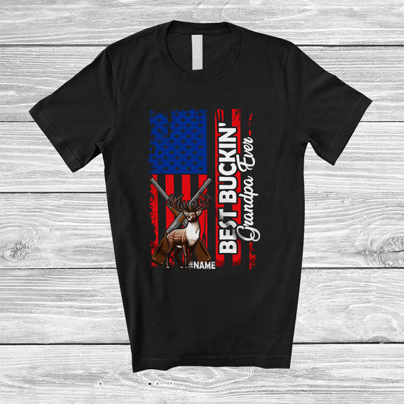 MacnyStore - Personalized Best Buckin' Grandpa Ever; Amazing Father's Day US Flag; Custom Name Deer Hunting T-Shirt