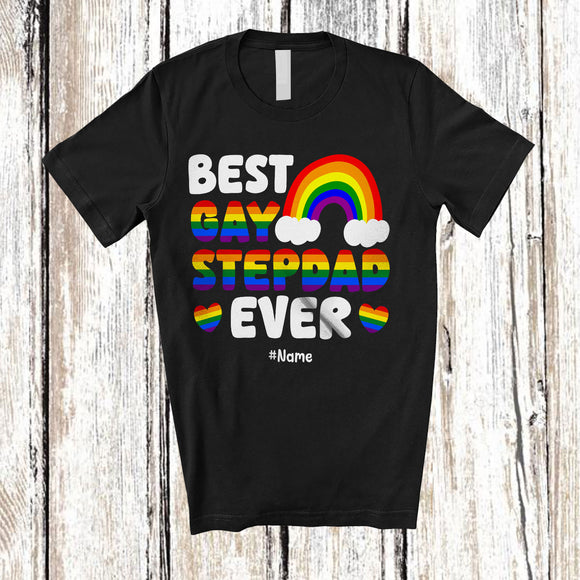 MacnyStore - Personalized Best Gay A Stepdad Ever; Joyful LGBTQ Pride Custom Name Gay Rainbow Heart Family T-Shirt