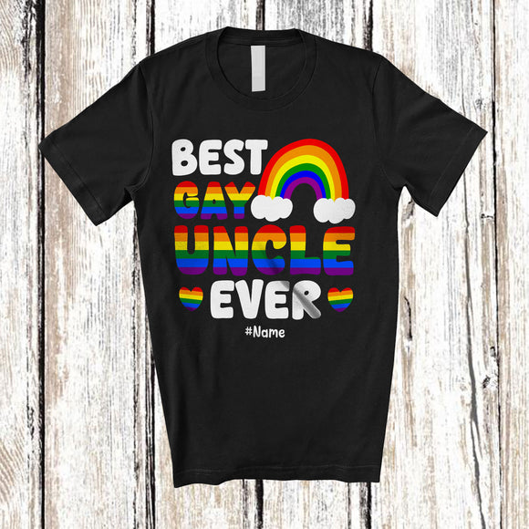 MacnyStore - Personalized Best Gay Uncle Ever; Joyful LGBTQ Pride Custom Name Gay Rainbow Heart Family T-Shirt