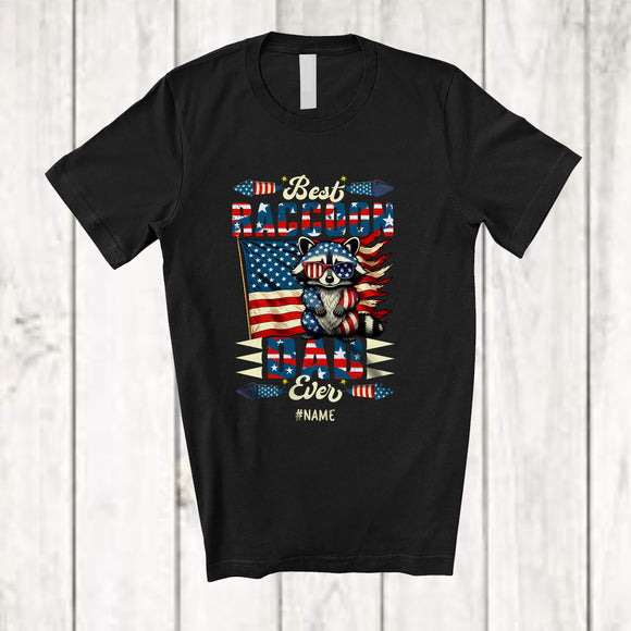MacnyStore - Personalized Best Raccoon Dad Ever; Happy 4th Of July US Flag; Custom Name Patriotic Family T-Shirt