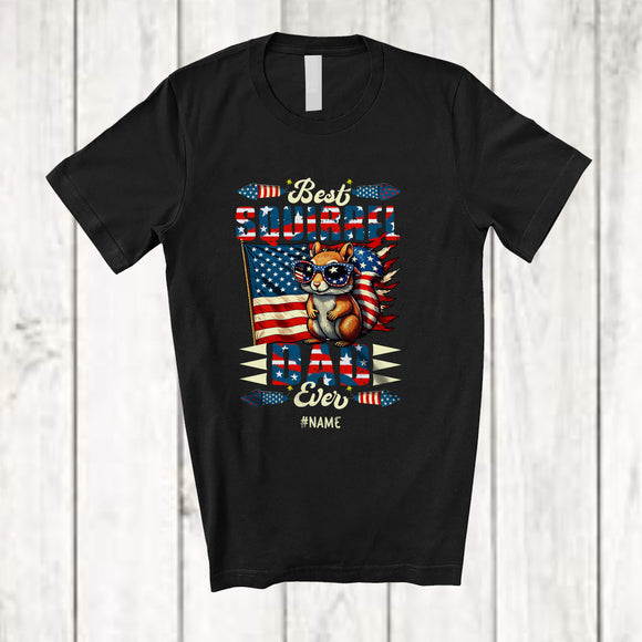 MacnyStore - Personalized Best Squirrel Dad Ever; Happy 4th Of July US Flag; Custom Name Patriotic Family T-Shirt