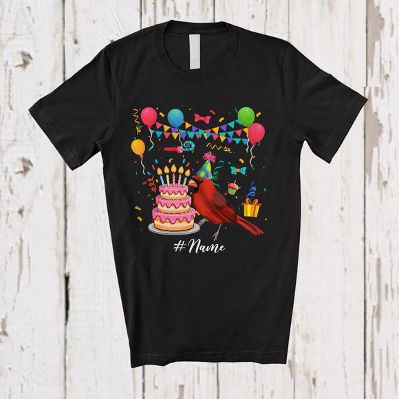 MacnyStore - Personalized Birthday Party Cardinal Bird With Cake; Amazing Custom Name Bird Animal Lover T-Shirt