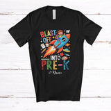 MacnyStore - Personalized Blast Off Into Pre-K; Amusing Back To School Custom Name Boys Students Rocket T-Shirt