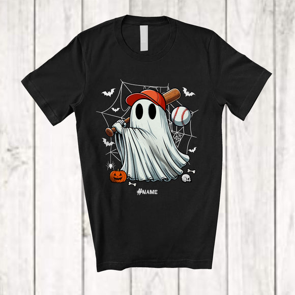 MacnyStore - Personalized Boo Ghost Playing Baseball; Scary Halloween Custom Name Baseball Player Team T-Shirt