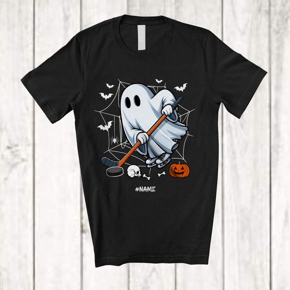 MacnyStore - Personalized Boo Ghost Playing Hockey; Scary Halloween Custom Name Hockey Player Team T-Shirt