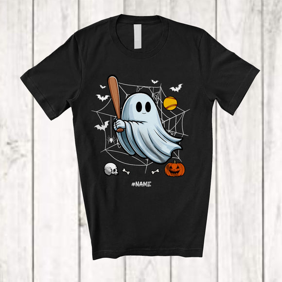 MacnyStore - Personalized Boo Ghost Playing Softball; Scary Halloween Custom Name Softball Player Team T-Shirt