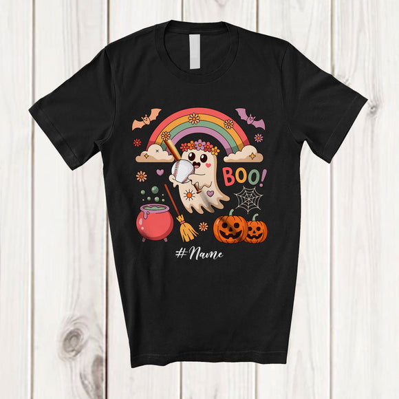 MacnyStore - Personalized Boo; Adorable Halloween Ghost Playing Baseball Custom Name Player; Rainbow T-Shirt