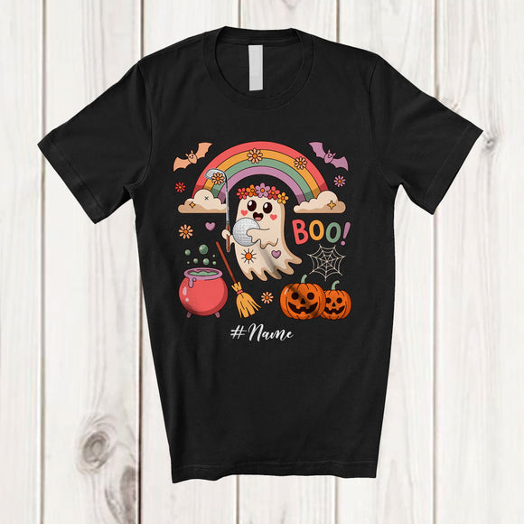 MacnyStore - Personalized Boo; Adorable Halloween Ghost Playing Golf Custom Name Player; Rainbow T-Shirt