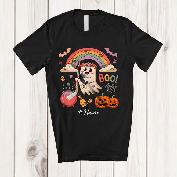 MacnyStore - Personalized Boo; Adorable Halloween Ghost Playing Hockey Custom Name Player; Rainbow T-Shirt