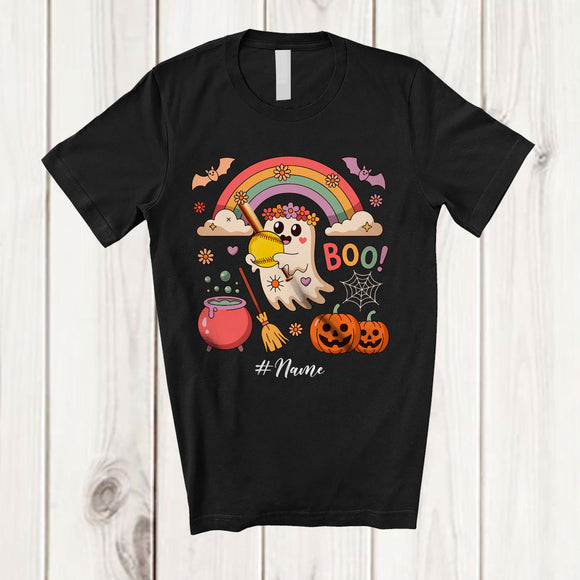 MacnyStore - Personalized Boo; Adorable Halloween Ghost Playing Softball Custom Name Player; Rainbow T-Shirt