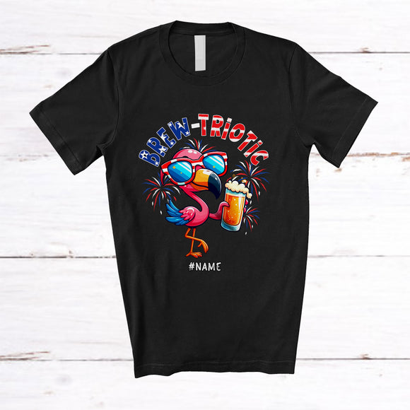 MacnyStore - Personalized Brew-triotic; Cheerful 4th Of July Flamingo Drinking Beer; Custom Name Patriotic T-Shirt